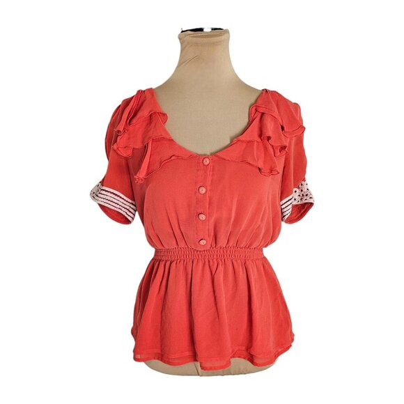 Odille Anthropologie Silk Light Red Ruffle Collared Button Blouse Sz 10 - Picture 1 of 9